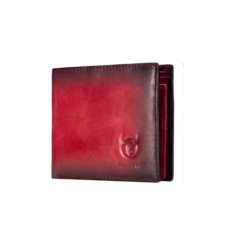 Red genuine leather wallet in closed position showing bull and horns logo