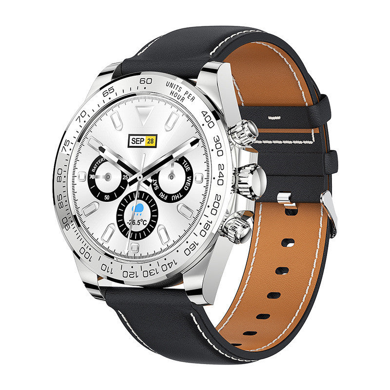 LV89 Smart watch with round silver dial and black leather band 