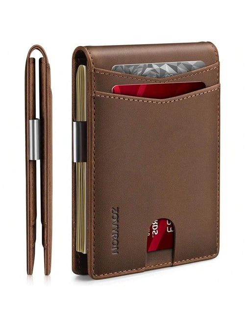 Brown leather wallet with card slots and a pen on a white background