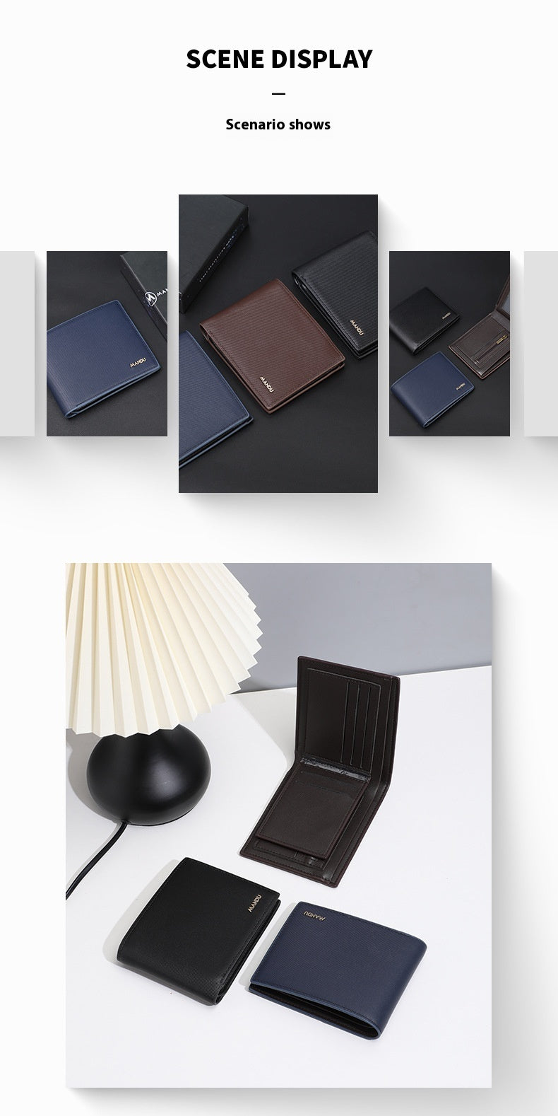 Men's wallet collage showing brown, black and blue color options
