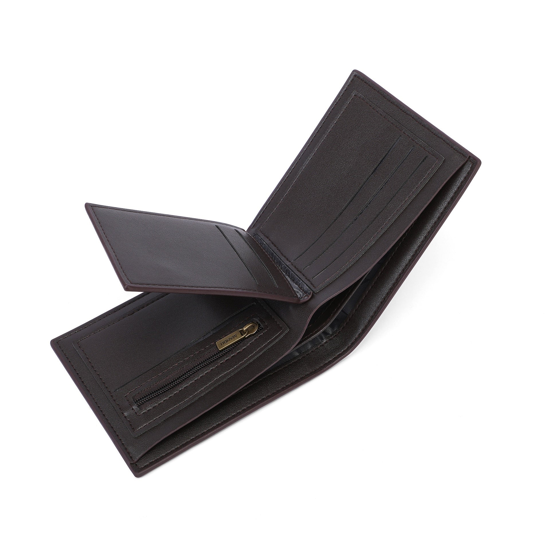 Men's black leather wallet open showing the inside
