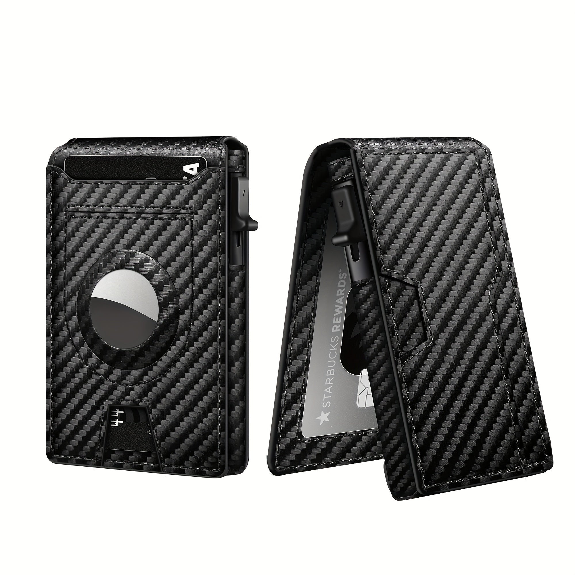 Black carbon fiber wallet with card holder on a white background