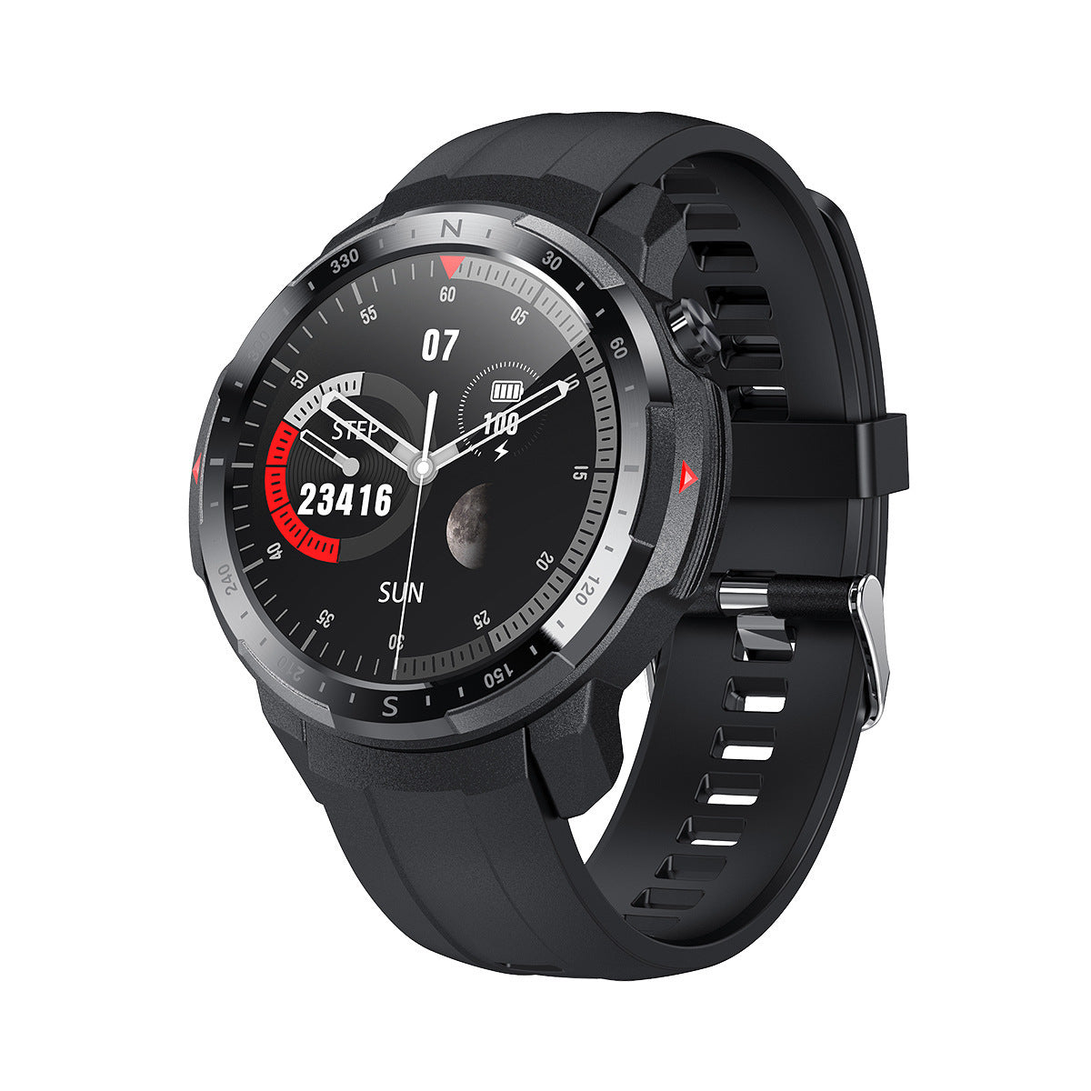 Black TL20 bluetooth smart watch with black round dial and black silicone strap