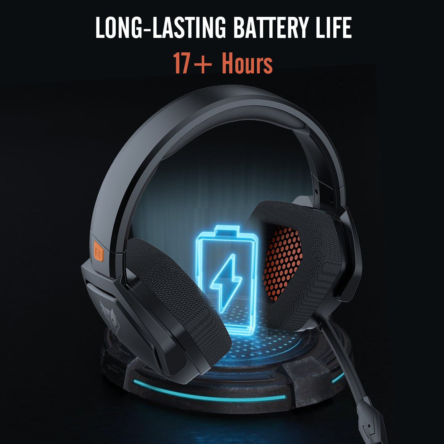 JQ692 Wireless Gaming Headset charging on stand showing 17 plus hours of battery life