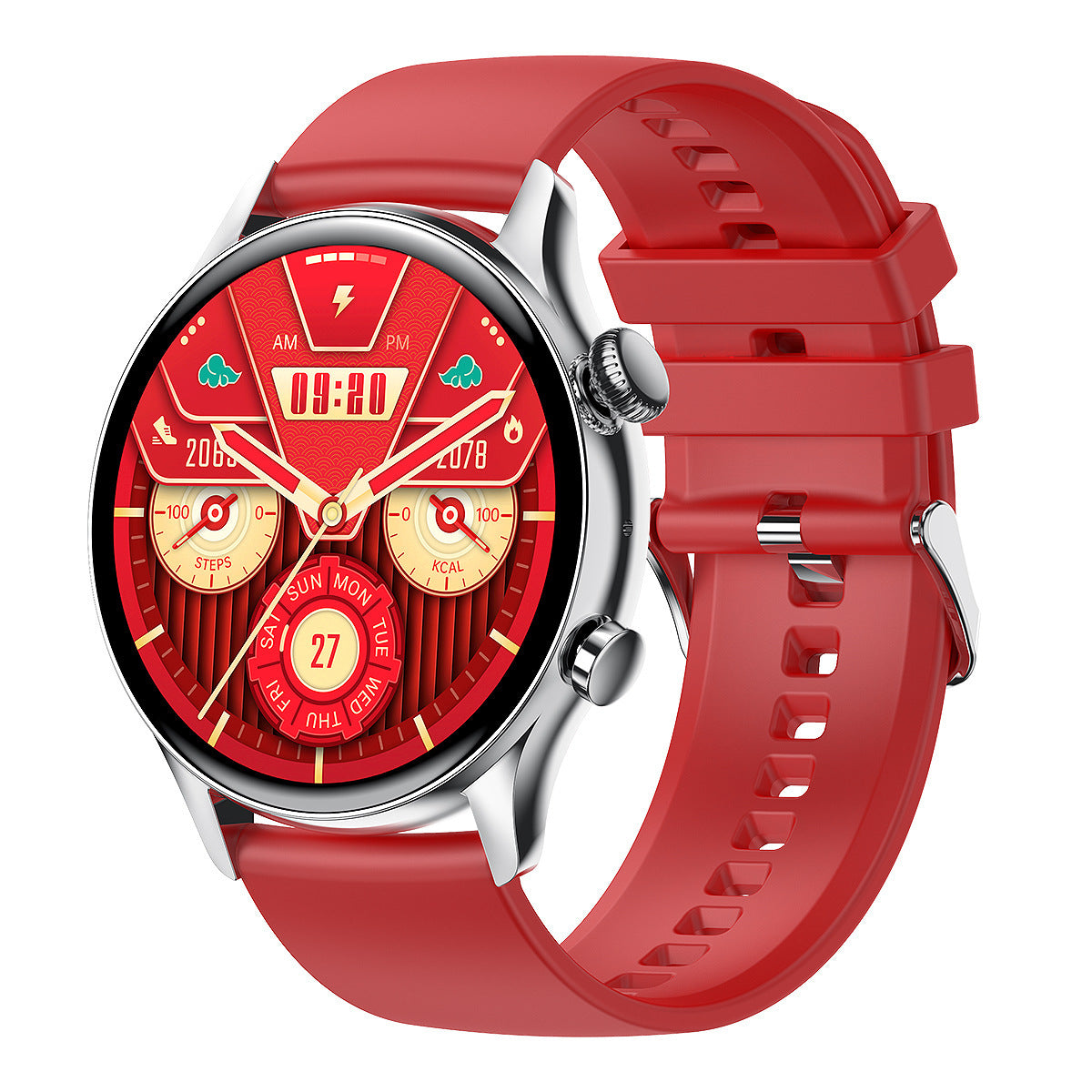 MX52 Smart Watch with round dial and red silicone band