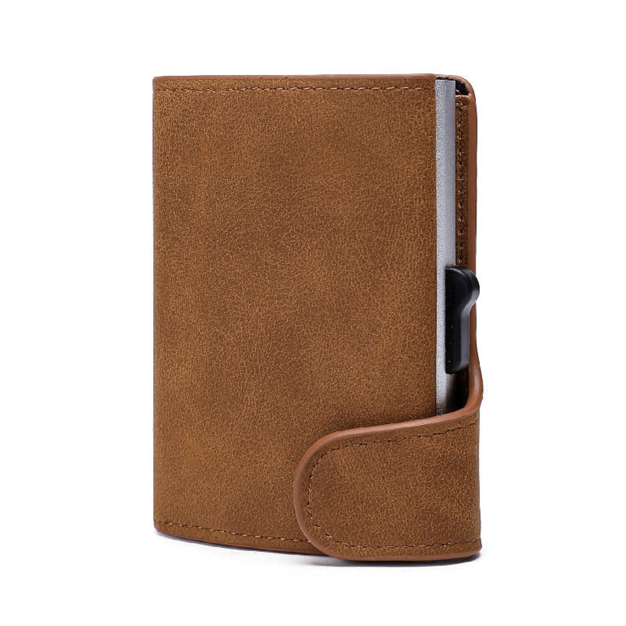 Brown leather wallet with a card holder on a white background