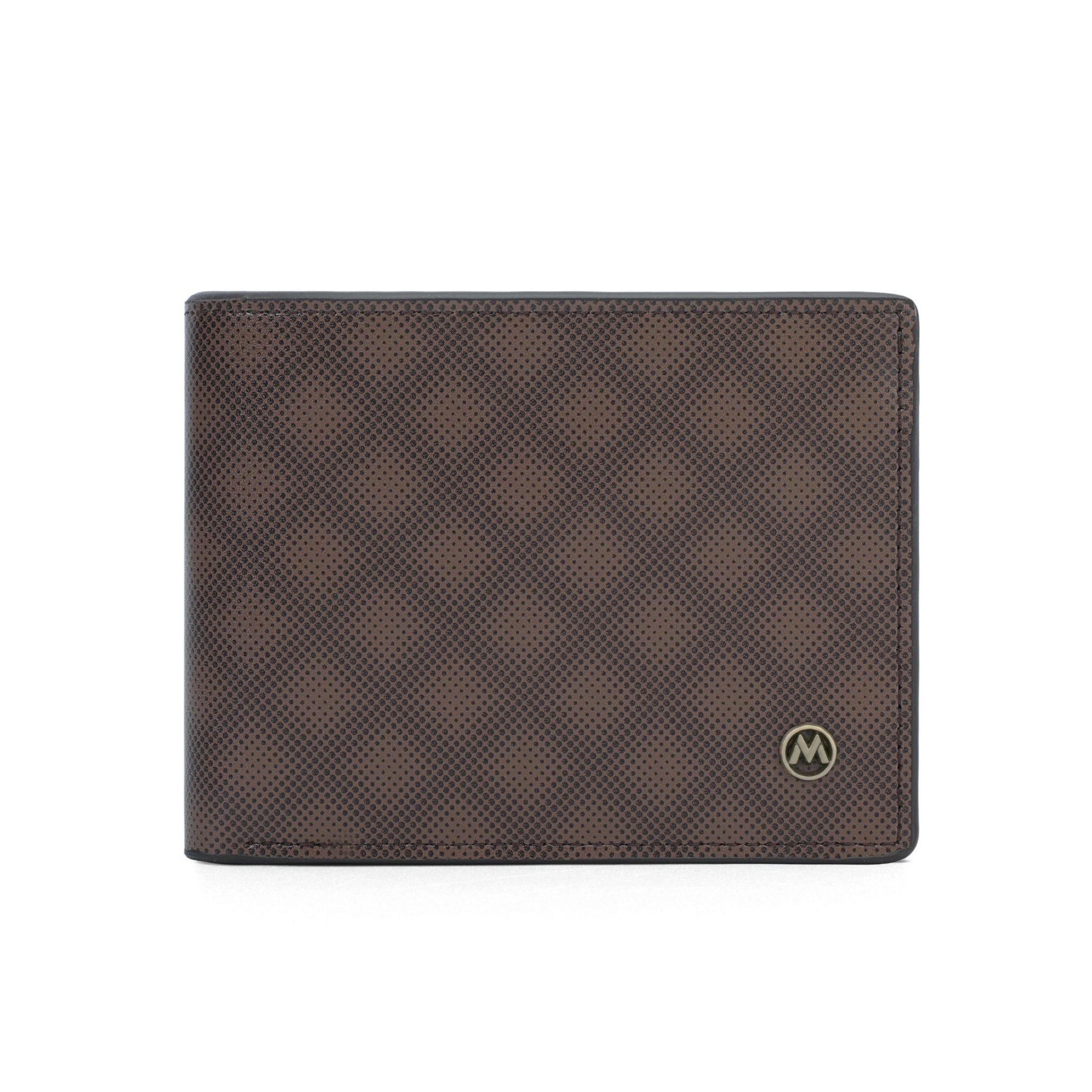 Brown textured wallet with a brand logo on a white background