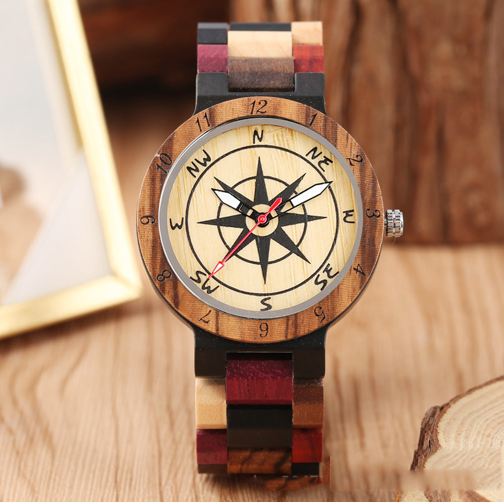 Men's Wooden Compass Watch - Multi-Color Wood Link Bracelet