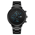 Black steel watch with blue accents on a white background