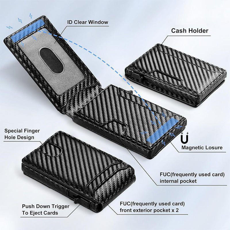 Carbon fiber wallet with features labeled on a light gray background