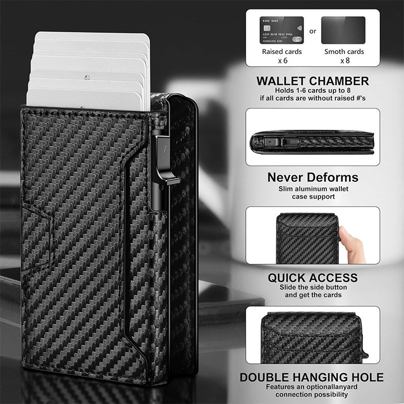 Black carbon fiber wallet with card slots and features displayed on a blurred background